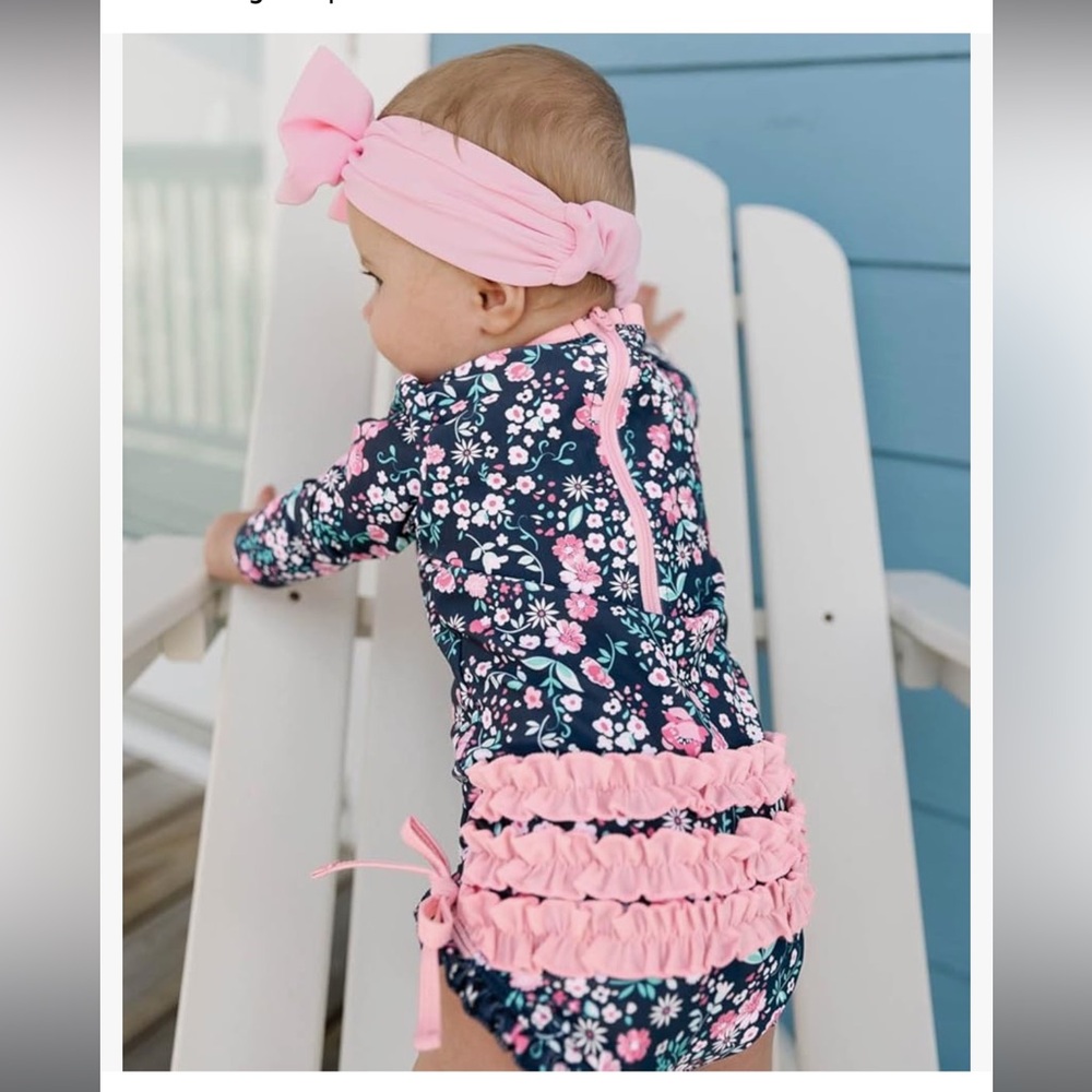 Ruffle Butts Baby Girls UPF 50+ Sun Protection Floral Moonlit Meadow Rash Guard - Picture 3 of 7